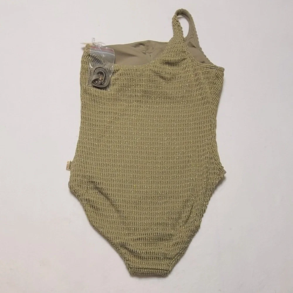 Michael Kors‎ One Shoulder Swimsuit Safari Green Metallic Textured Size 10